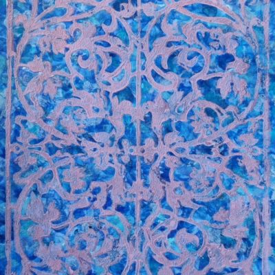 Dentelle rose sur fond bleu (45,5 x 31 cm) 200 euros